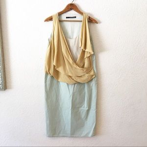Maurizio Pecoraro Silk Mint Mustard Drape Dress summer cocktail party
